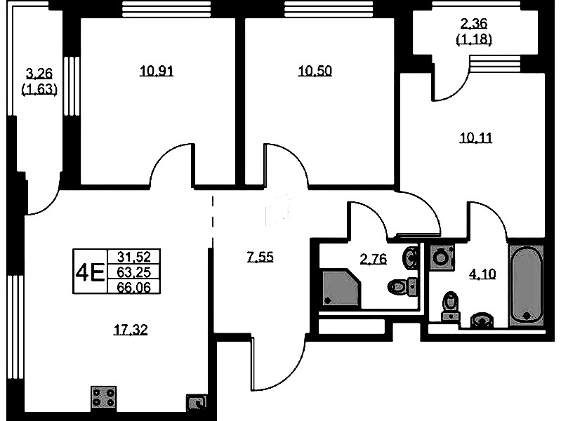 3-комнатная квартира 66.06 м², 1/9 эт., ЖК «GloraX Новоселье»